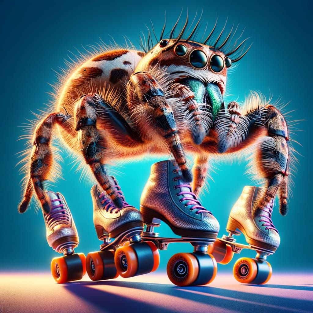 Hyperrealistic Jumping Spider on Roller Skates