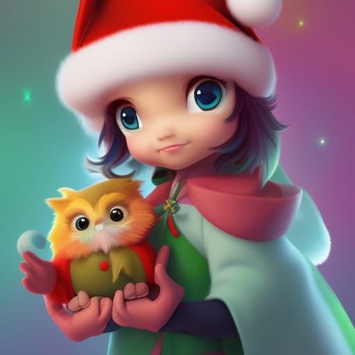 Chibi Parrot Christmas Portrait in Digital Illustration Styl...