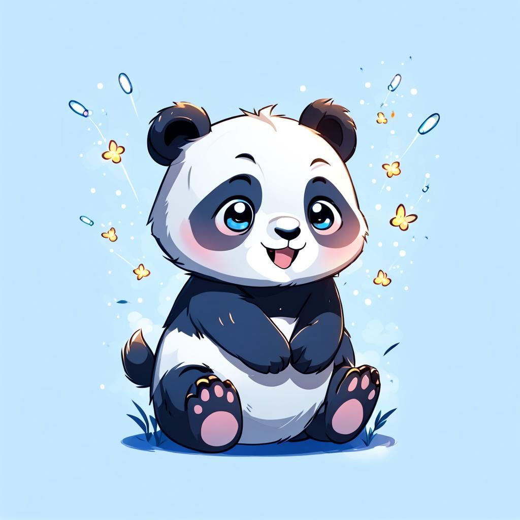 Happy Panda and Fireflies in Cartoon Style