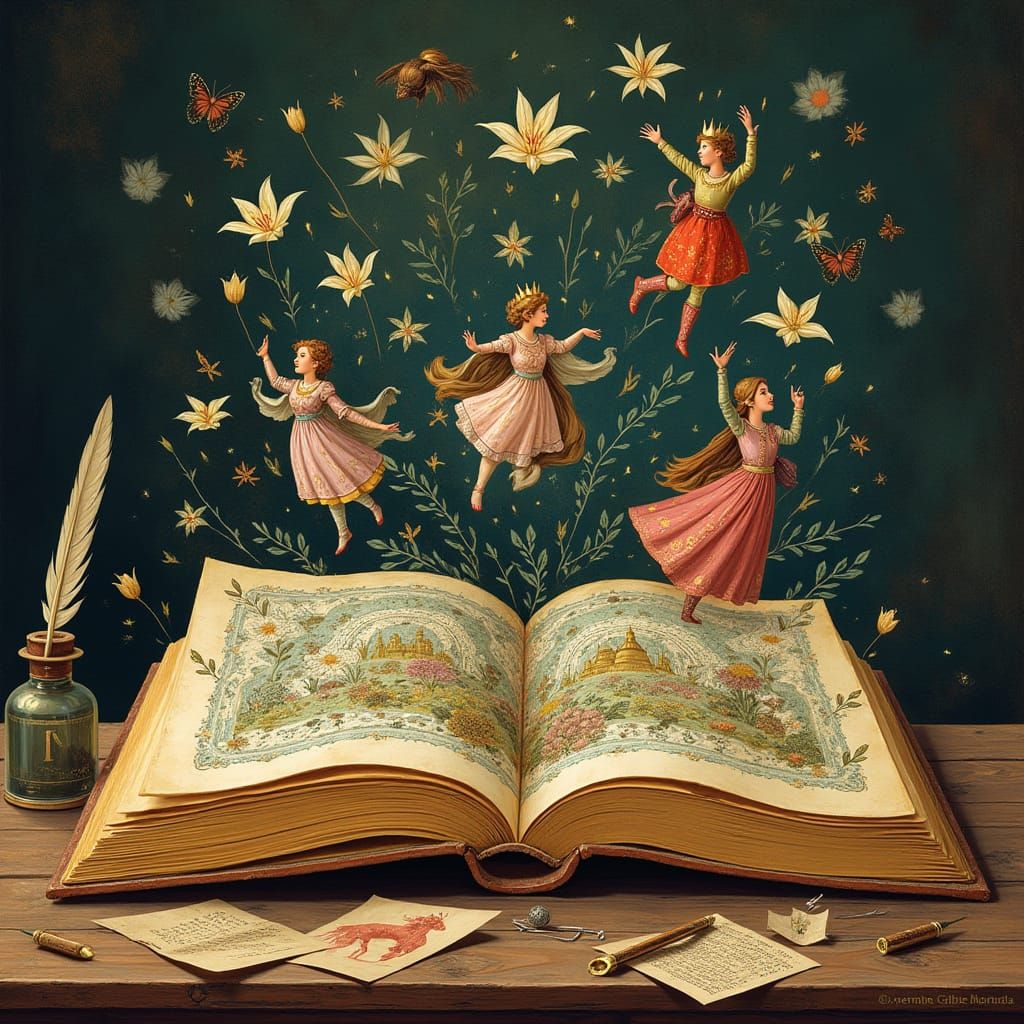 Vintage Story Book Cover with Whimsical Characters and Scene...