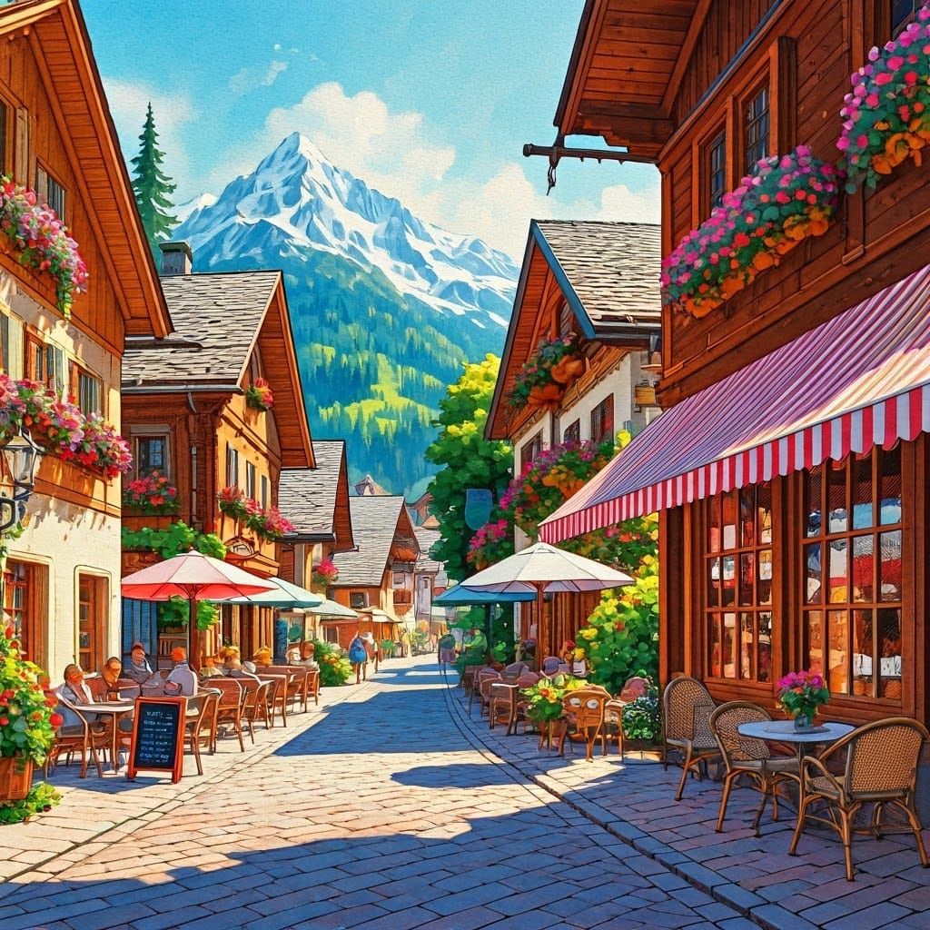 Charming Alpine Village in Summer, Watercolor Painting