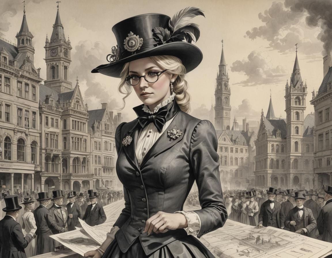 Monochrome Engraving: Woman Presents Town-Hall Plans