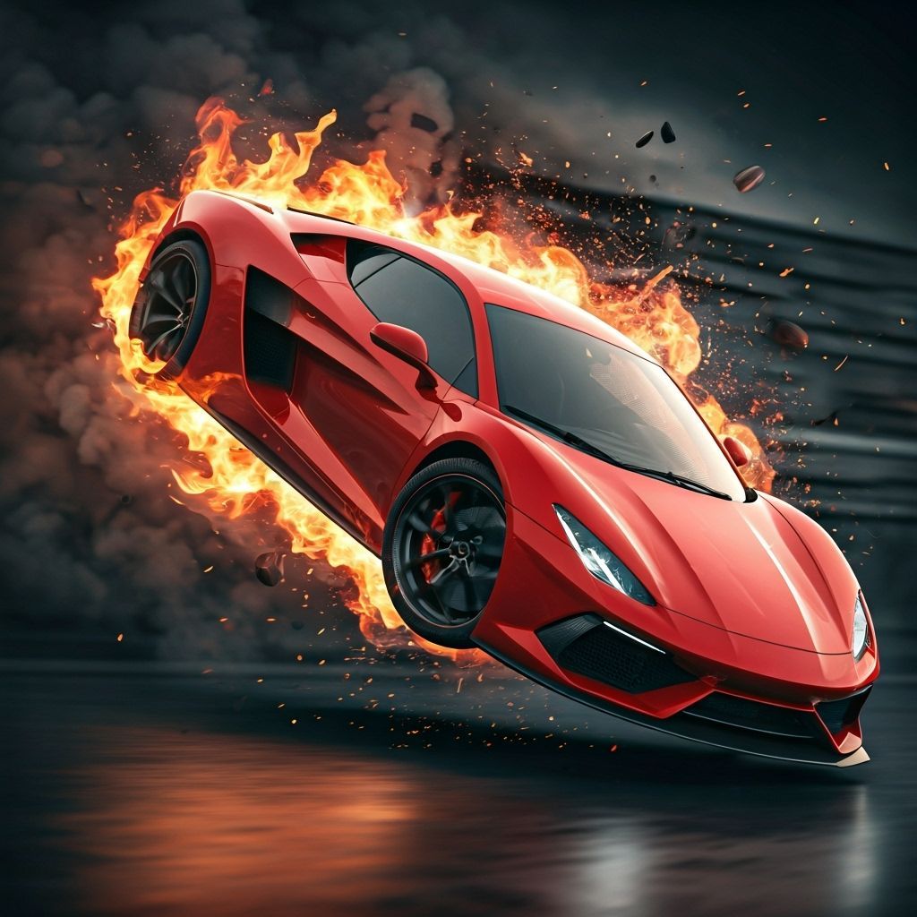 Fiery Red Sports Car Crash in Photorealistic Detail