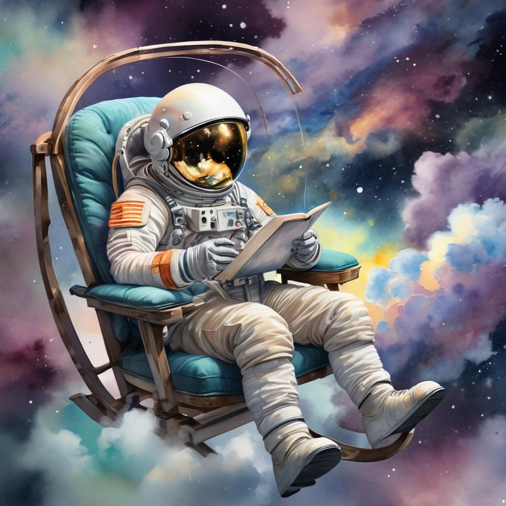Astronaut Reading in Space: Whimsical Watercolor Portrait
