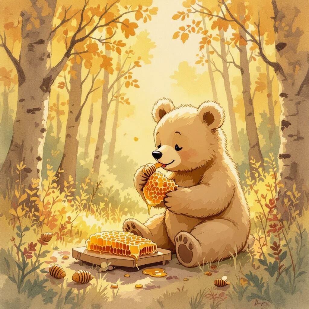 Fluffy Bear Licking Honey in Sunny Forest