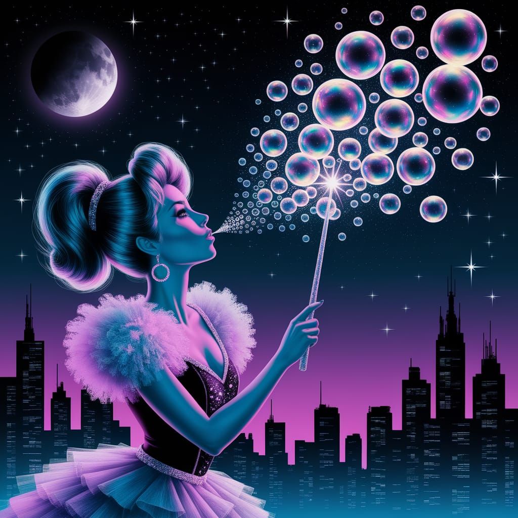 Woman Blowing Iridescent Bubbles in Starry Night Sky