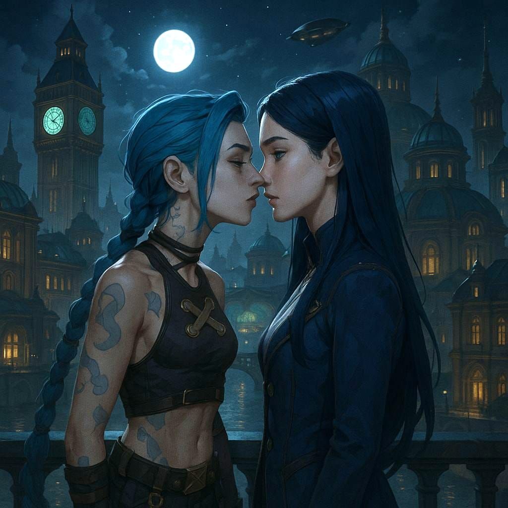 Jinx and Caitlyn: Intimate Moment in Piltover at Night