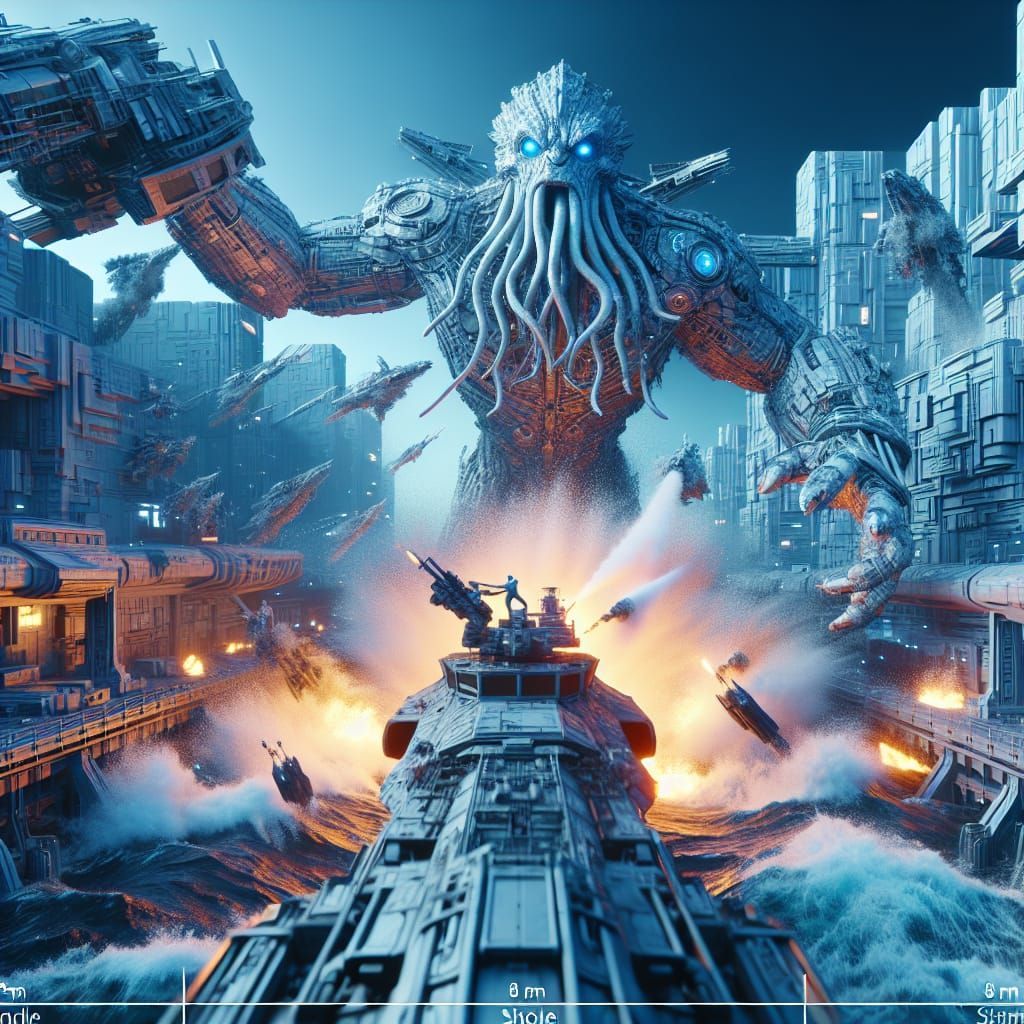 Cyborg Cthulhu Assaults Spaceship in 3D Rendering