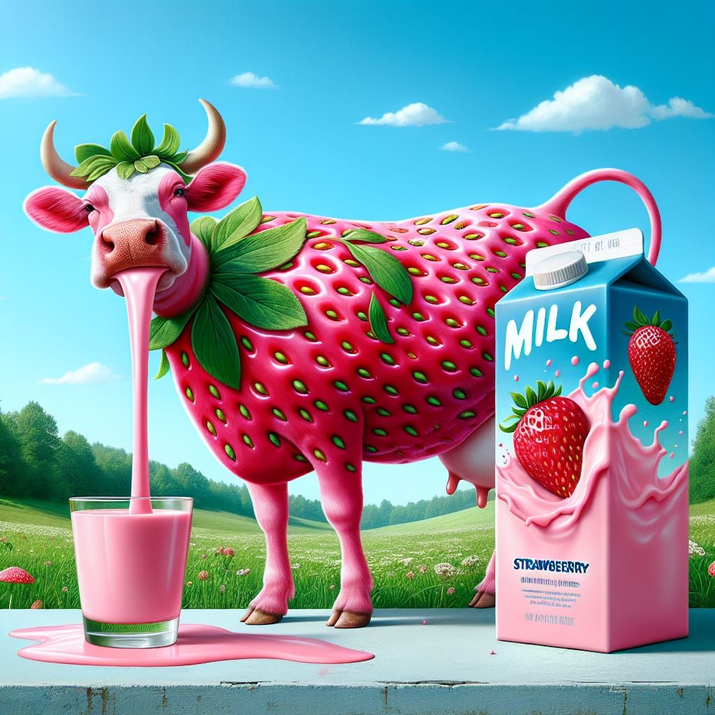Strawberry Cow Milk Advertisement in Whimsical Style