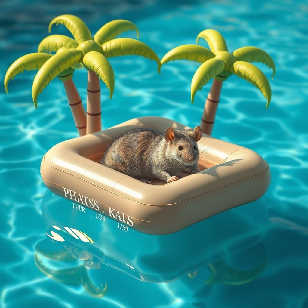 Hyperrealistic Mouse Relaxing on Tropical Inflatable Island