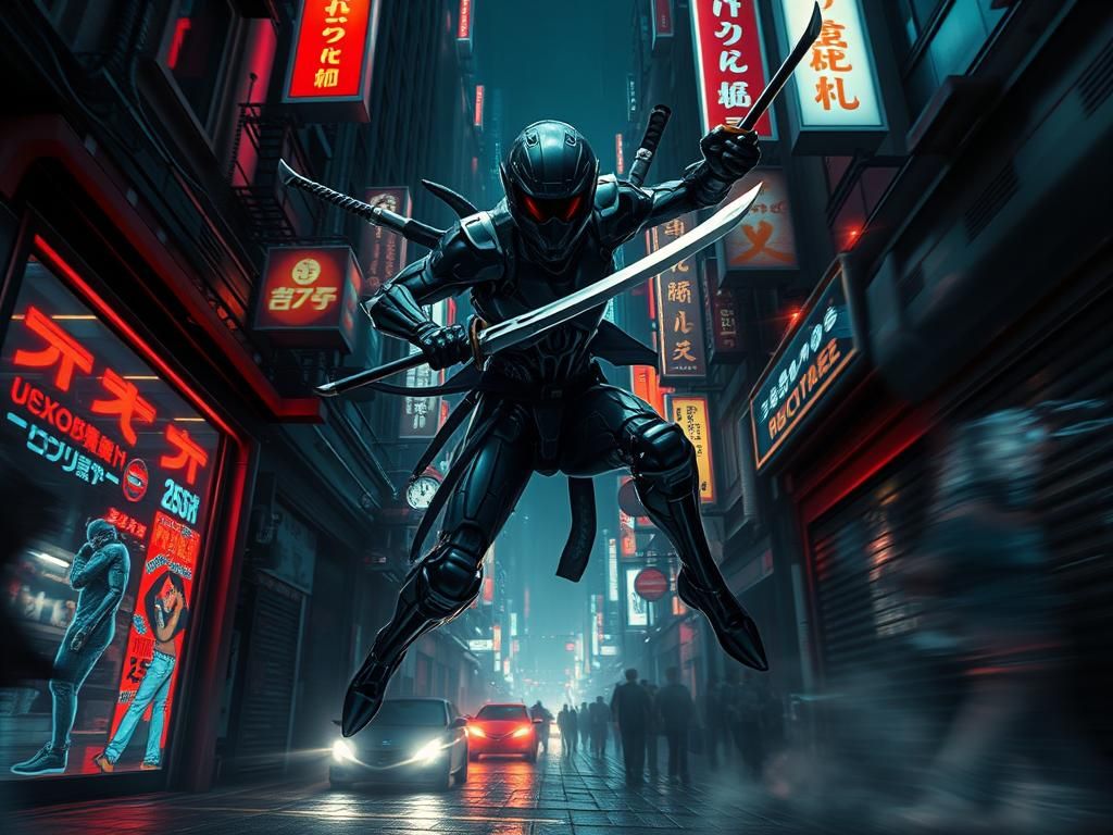Cyborg Ninja Leaping Through Dystopian Cityscape