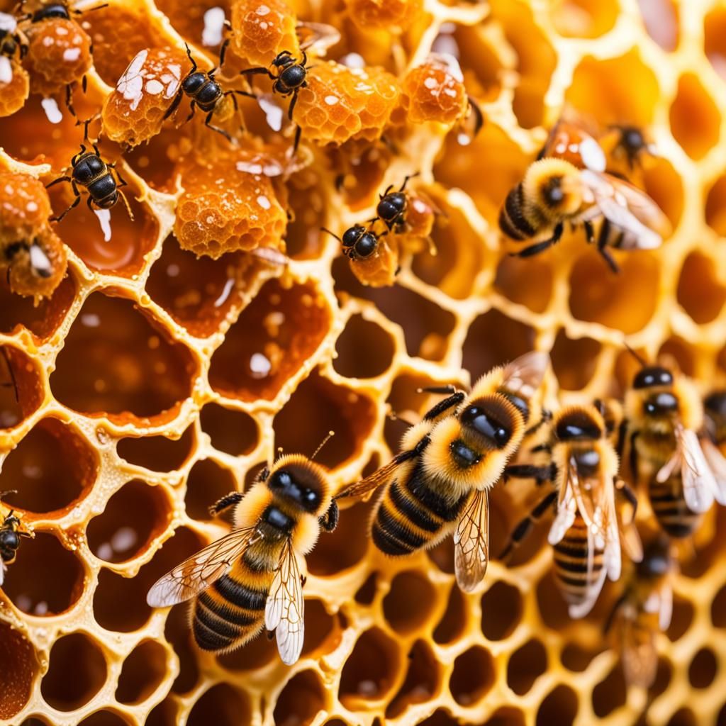 Honeycomb Dripping Honey with Bees in Natural Light