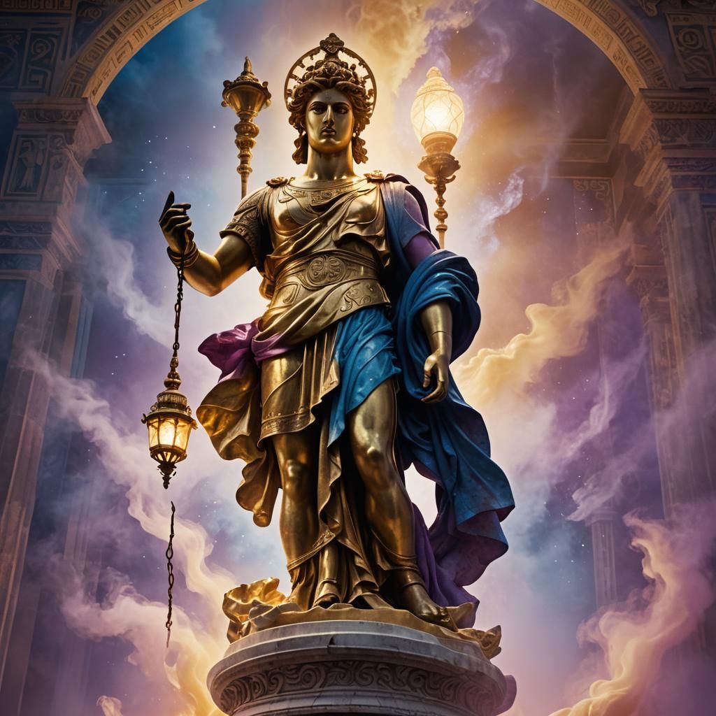 Luminescent Lamp Illuminates Greek Statue in Dreamlike Fanta...