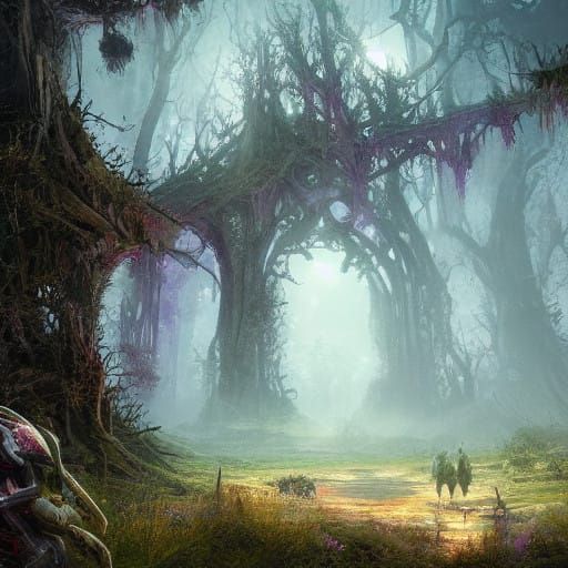 Mystical Forest Landscape in Cyberpunk Style