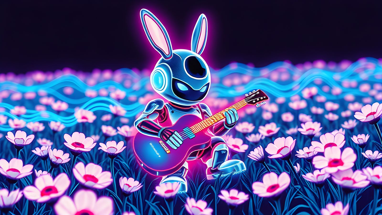 Holographic Chibi Rabbit Robot Guitarist