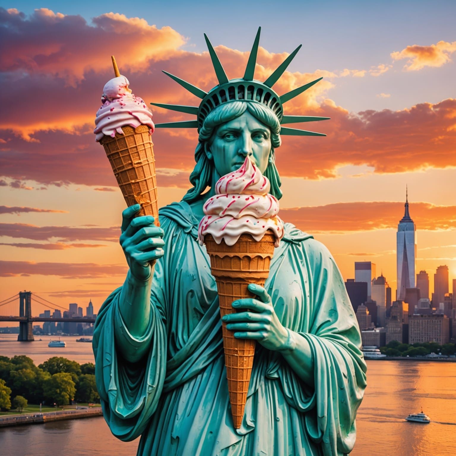 Statue of Liberty with Ice Cream: Surreal Sunset