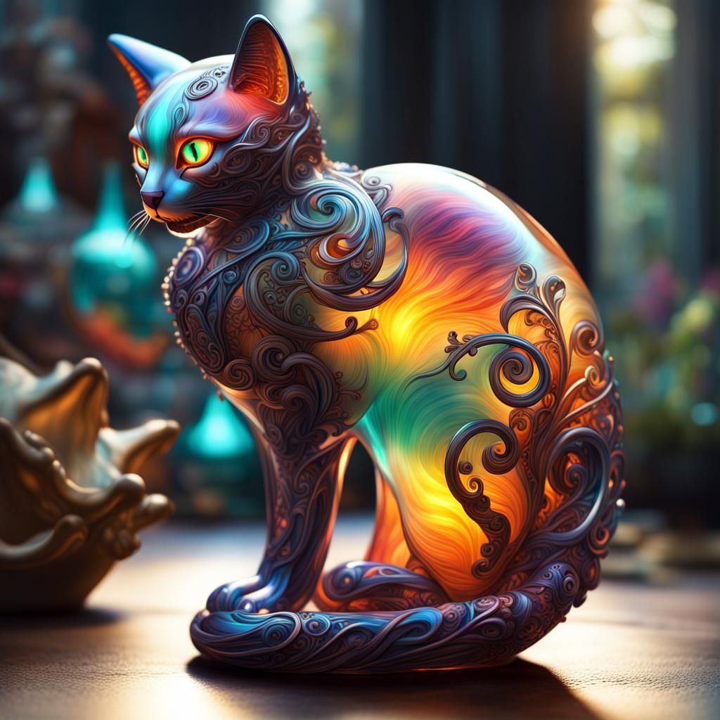 Illuminated Glass Cat Fantasycore Artwork