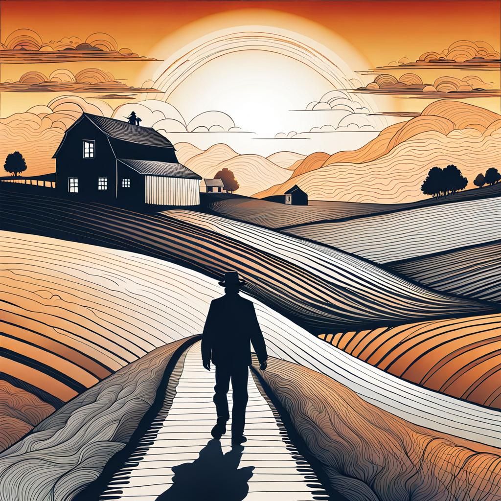 Lonely Man's Sunset Walk: Abstract Vector Art