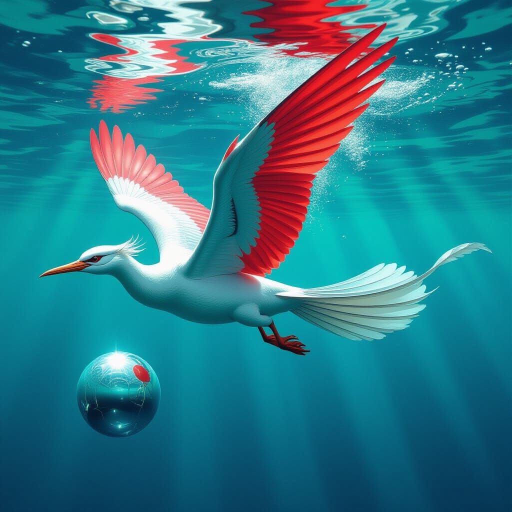 Underwater Bird Chasing Silver Ball in Futuristic Style