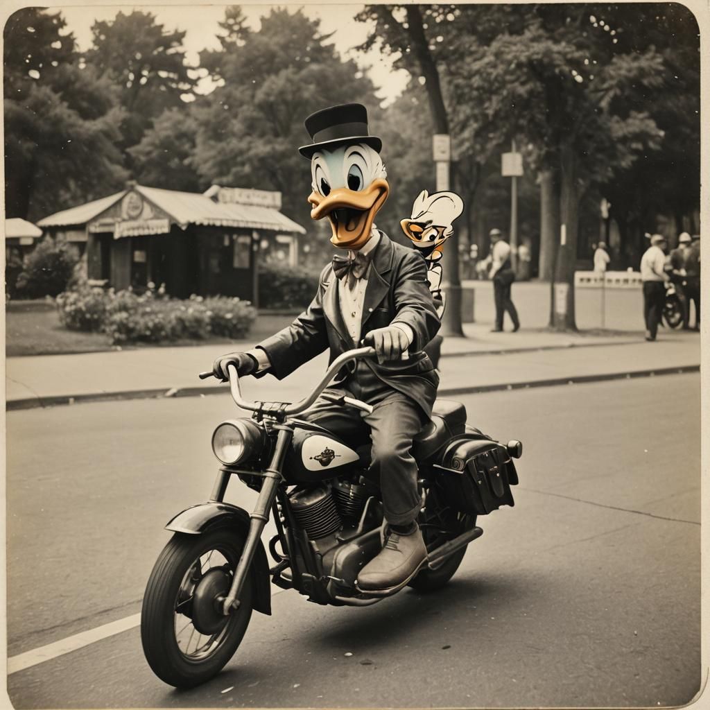 Donald Duck Rides a Harley: Vintage Photo