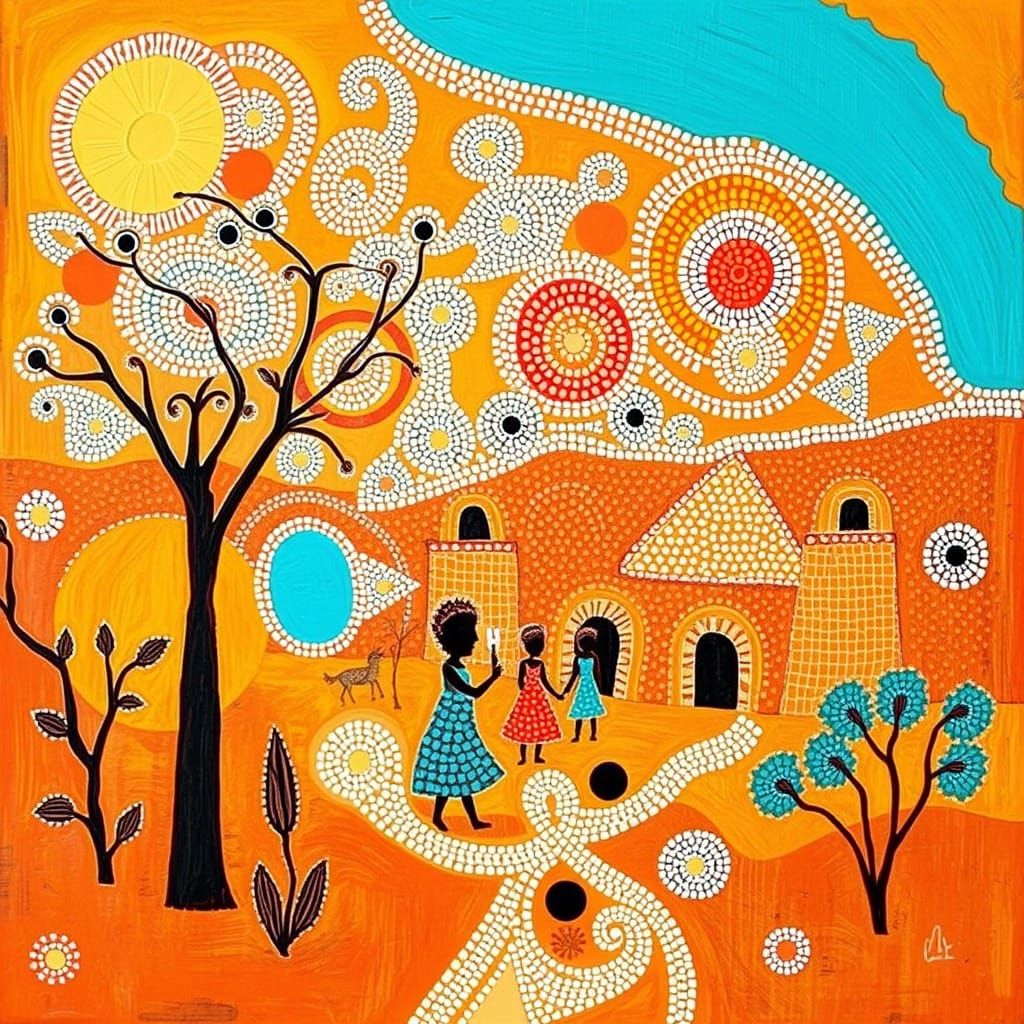 Vibrant Australian Aboriginal Village Scene in Earthy Tones