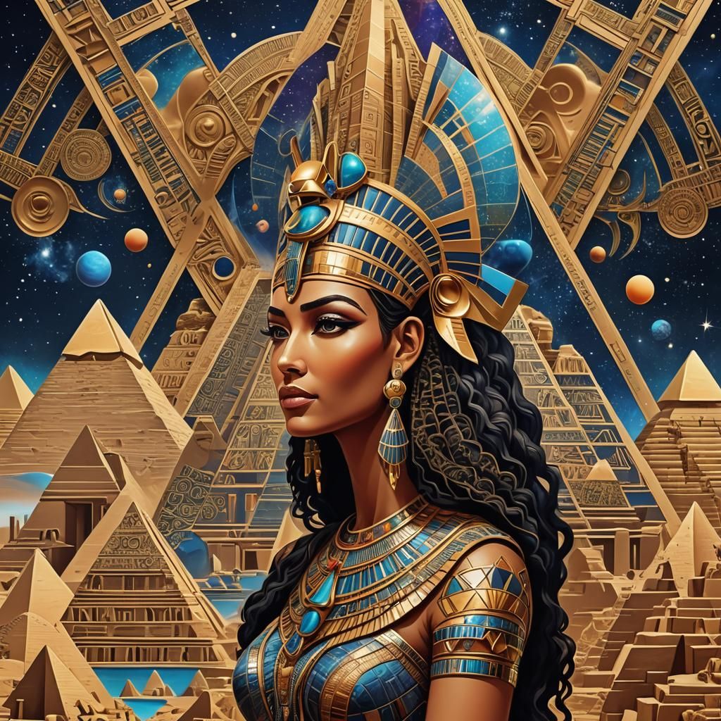 Egyptian queen next to the space pyramids abstract vector fractal, wave function, Zentangle, 3d shading8k resolution hol...