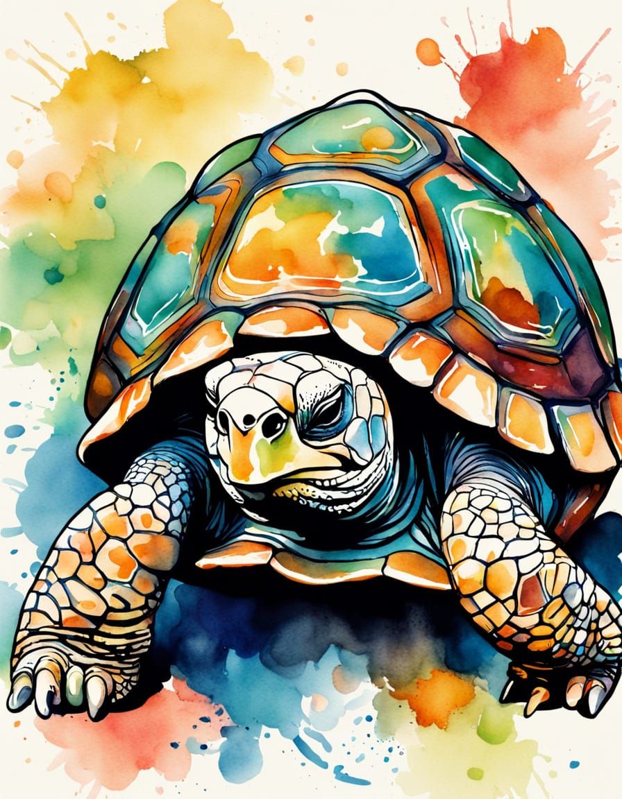 Vibrant Tortoise in Abstract Ink and Watercolor