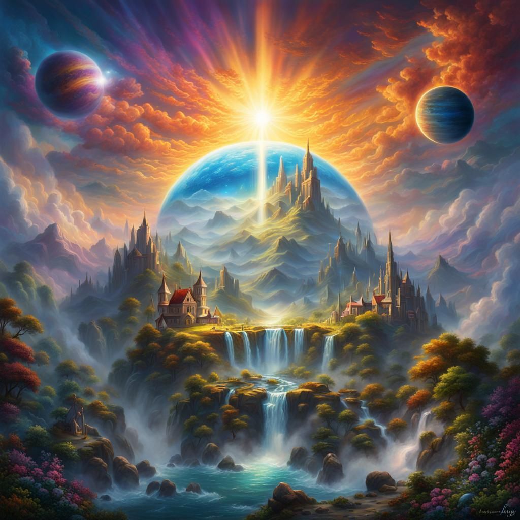 a planet heavenly sunshine beams divine bright soft focus holy in the clouds ethereal fantasy hyperdetailed mist Thomas ...