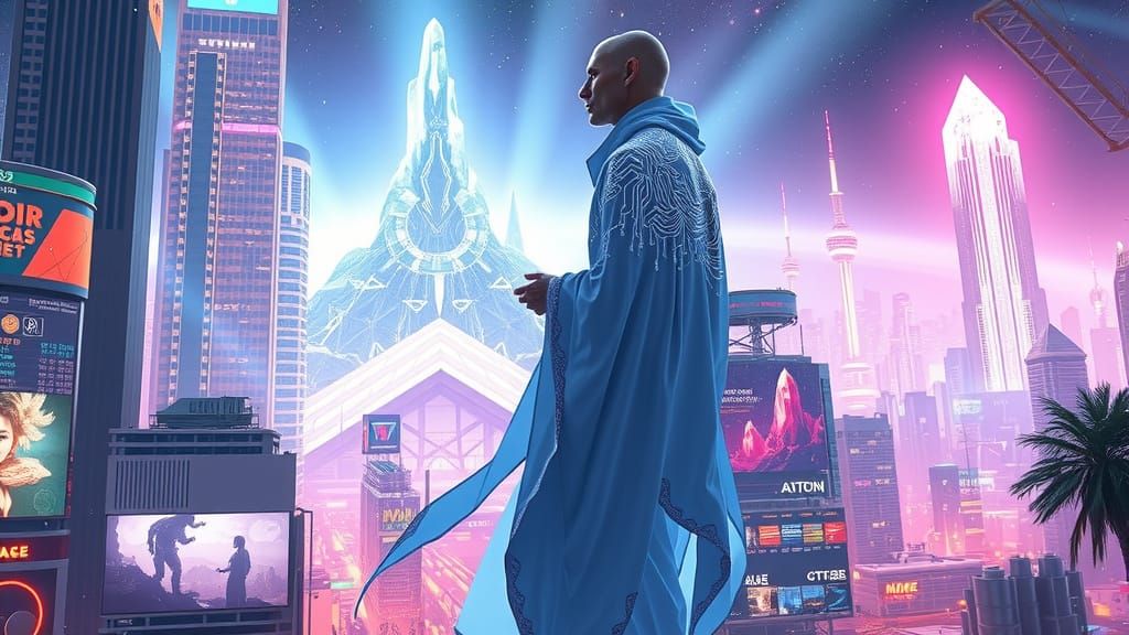 Futuristic Spiritual Being in Cyberpunk Cityscape
