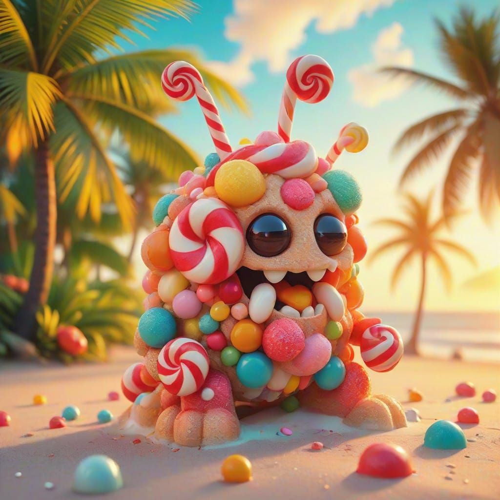 Vibrant Beach Scene with Candy Monster