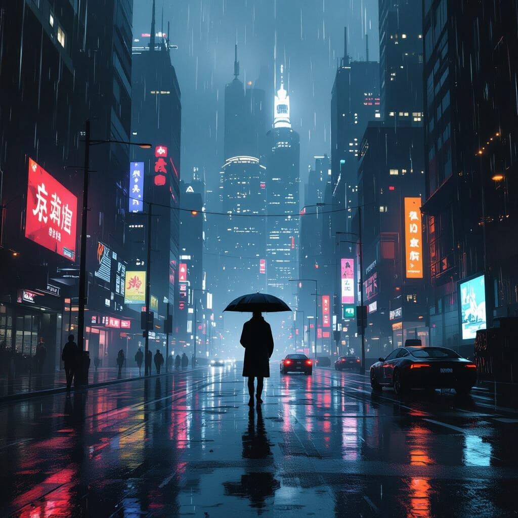 Rainy Cityscape in Futuristic Style