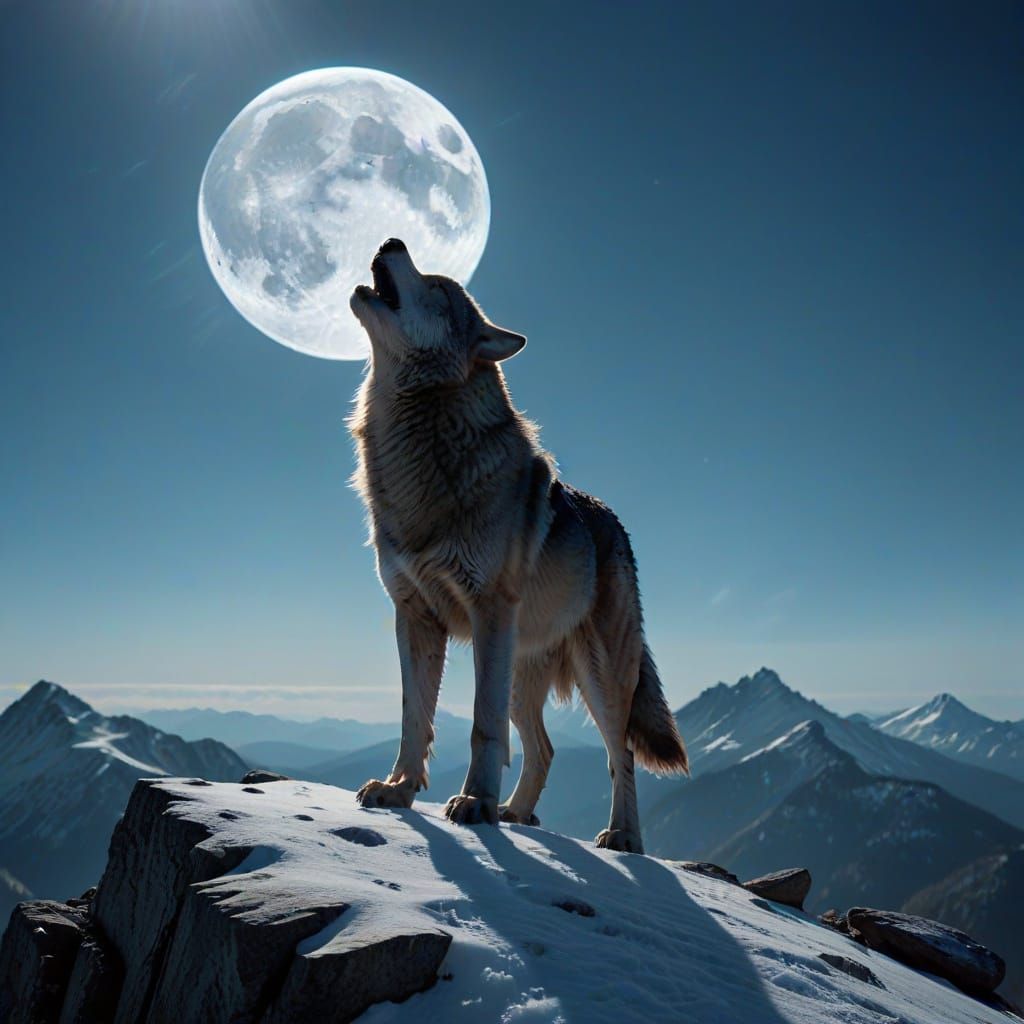 Lone Wolf Howling at Moon on Snowy Peak