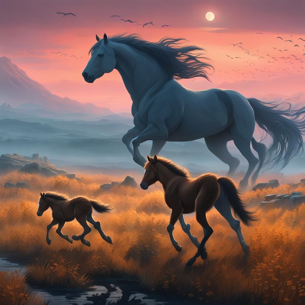 Mare and Foal Run Across Ancient Lands