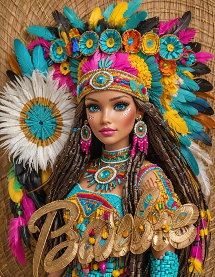 Hyperrealistic Native American Barbie in Neon Colors
