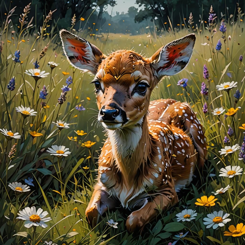 Fawn Hiding in Flower Meadow: Matte Painting