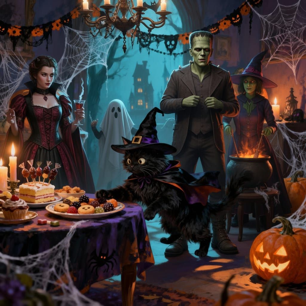 Mischievous Witch Cat Steals Treat at Halloween Party