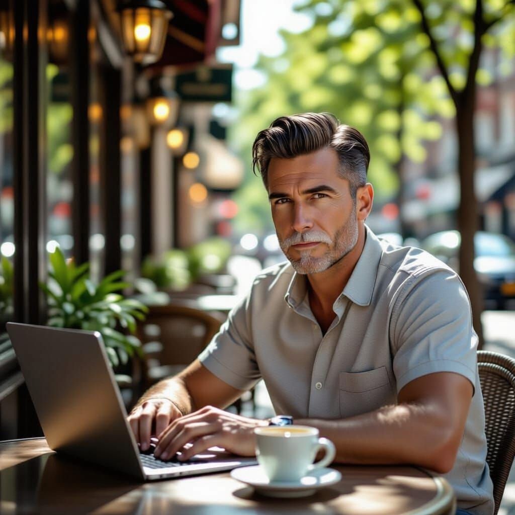 Focused Copywriter Working in Shady Park Cafe
