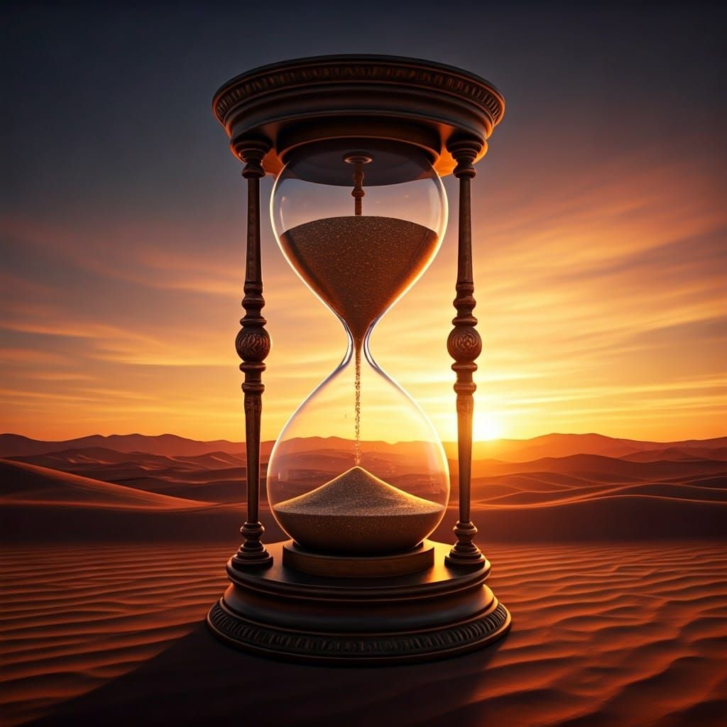 Hourglass Glittering in Desert Sunset, Hyperrealistic Render