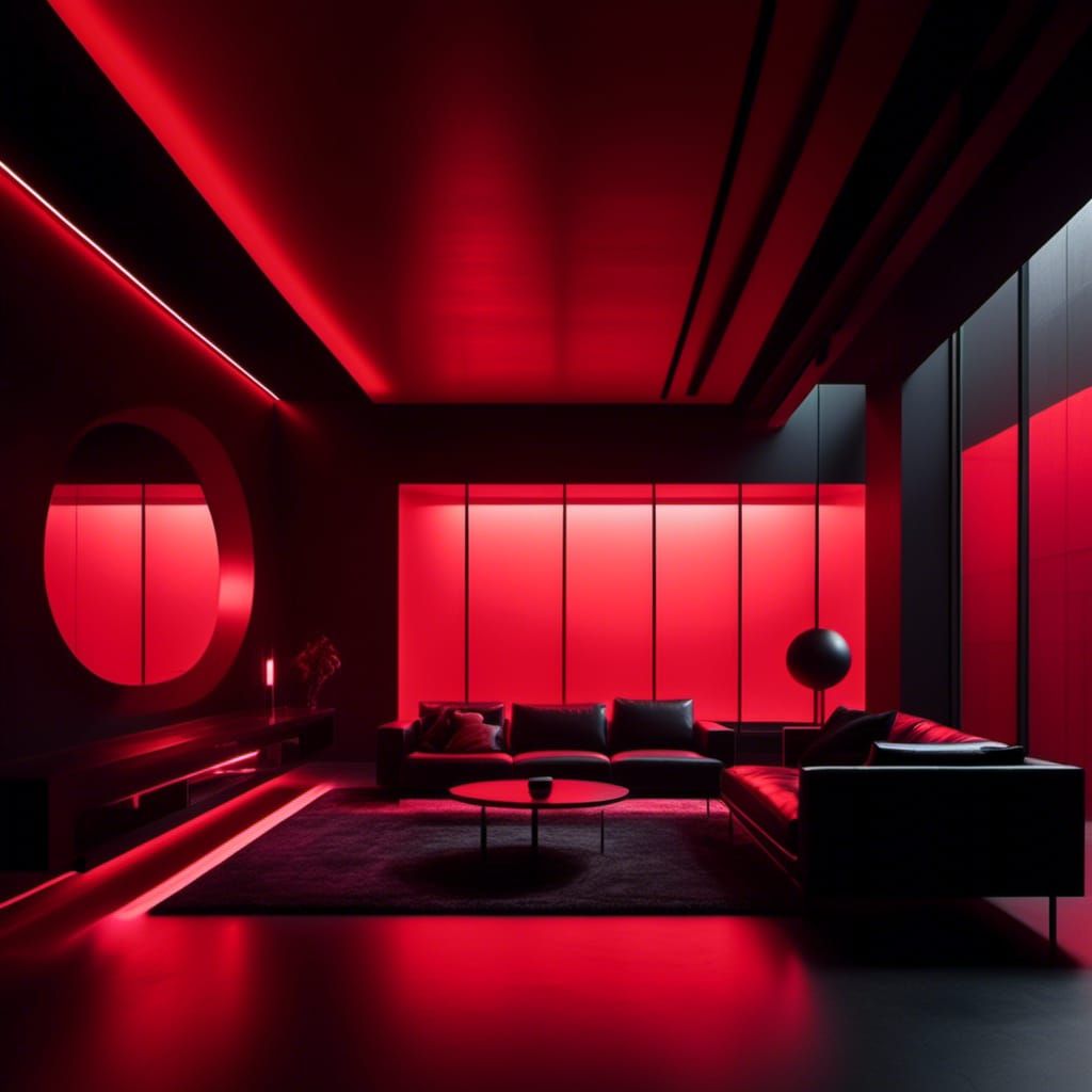 Red Lighting Accents Brutalist Architecture