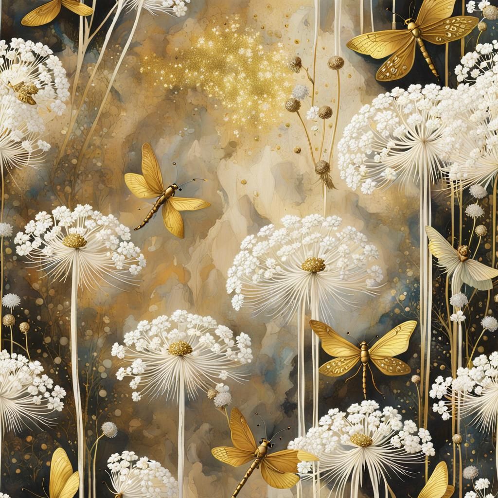 Lace, Flowers, and Golden Skulls on Canvas