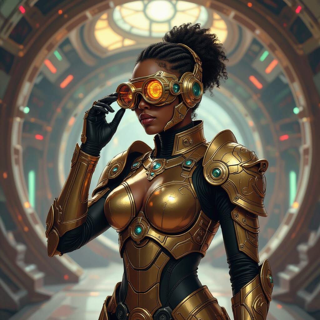 Cyborg Warrior in Art Nouveau Spaceship Hangar