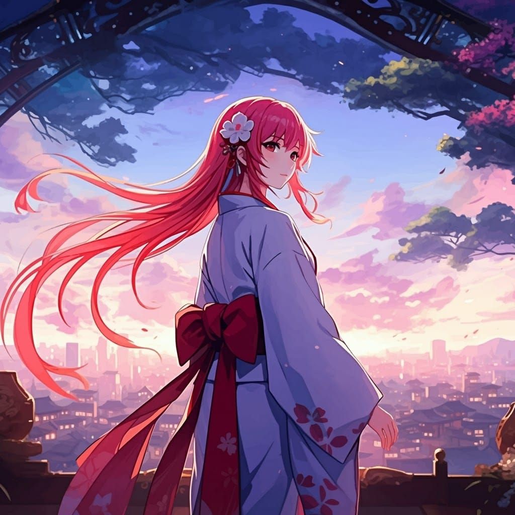 Woman in Japanese Dress Before Cityscape Painting