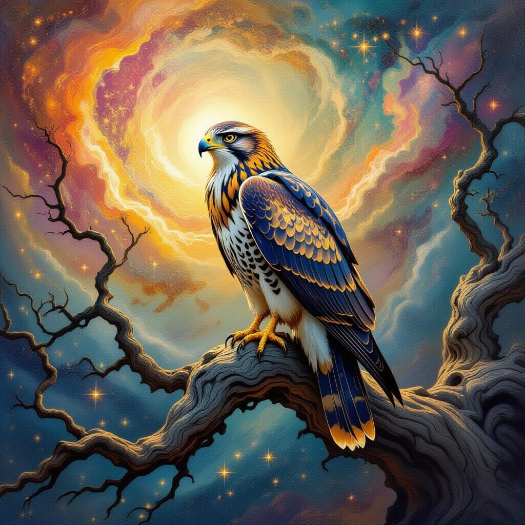 Majestic Hawk on Cosmic Branch in Surrealist Style