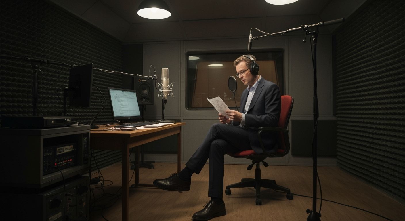 Announcer Reads Manuscript in Futuristic Sound Studio