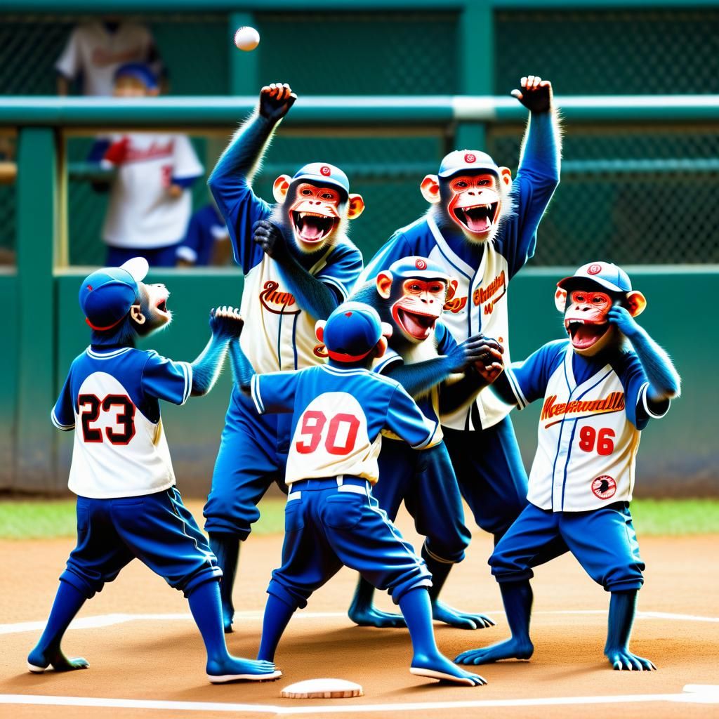 A group of monkey's are enthusiastically playing baseball, d...