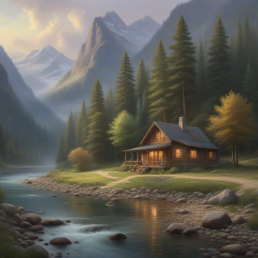 Ethereal Cabin by River in Misty Mountains