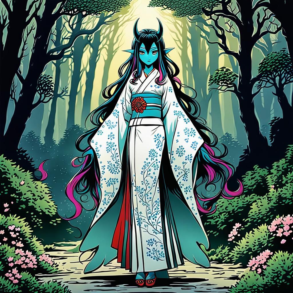 Serene Japanese Vampiric Demoness in a Forest Glade