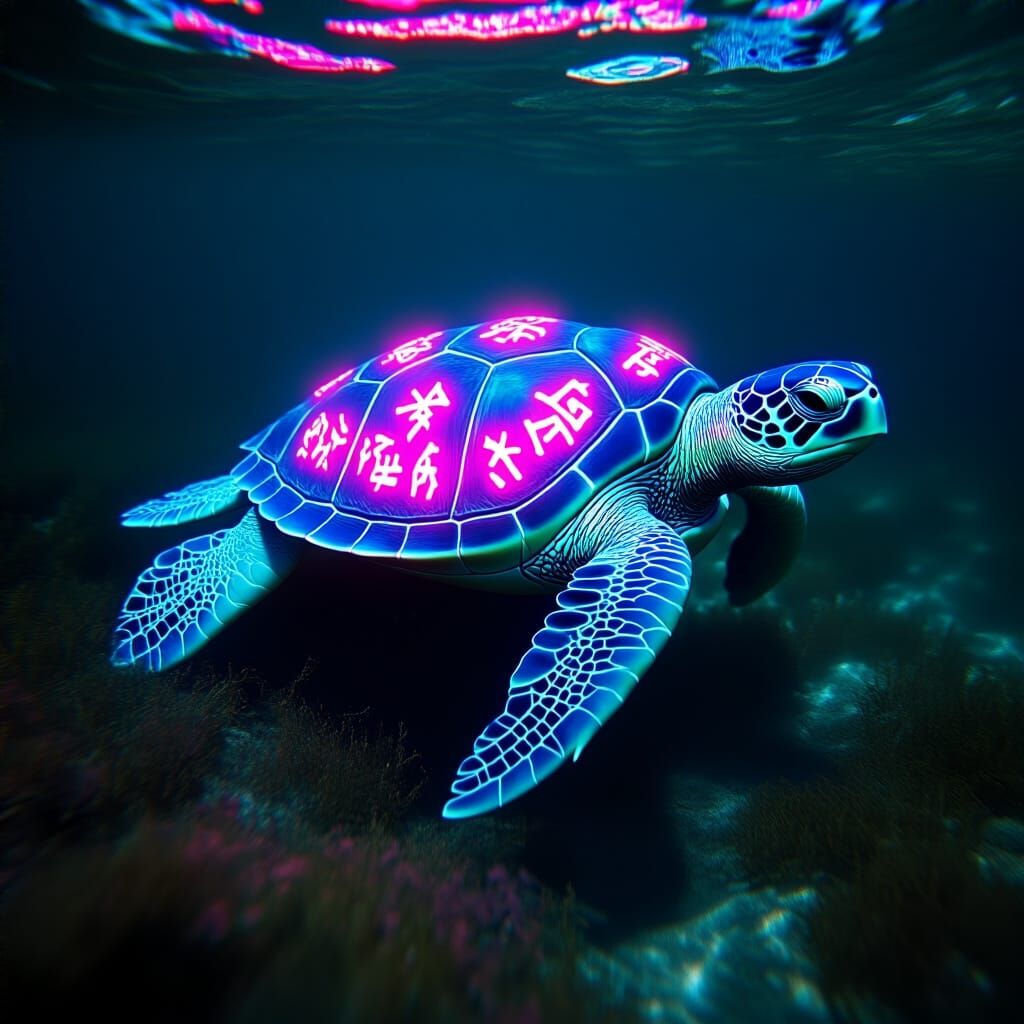 Iridescent Sea Turtle with Runes in Hyperrealistic Style