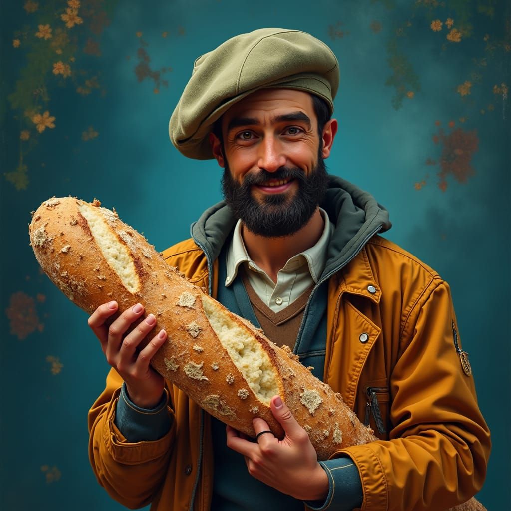 French Man with Baguette in Fantasy Landscape