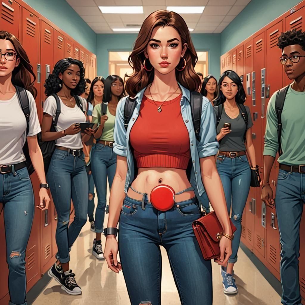 Cartoon Woman with Red Button Belly